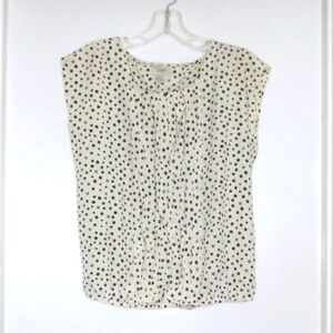 Loft Blouse Cream Black Ink Spots Pleat Front Elastic Hem Loose Fit Top Size PS